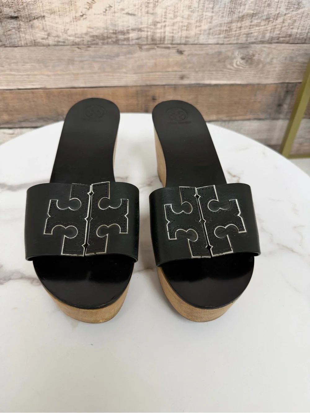 Tory Burch Black Leather Wooden Wedge Sandals